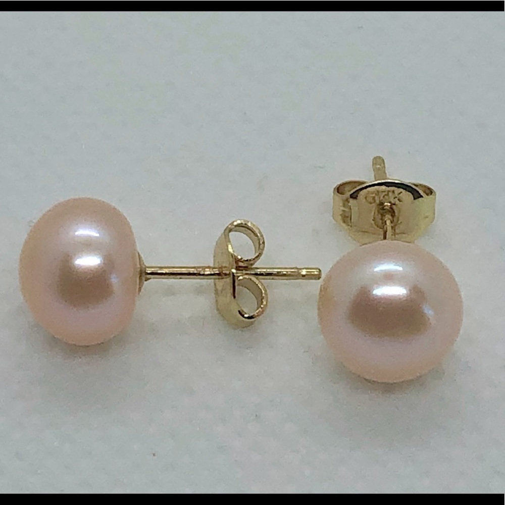 14kt Solid Gold 8mm Pink South Sea Pearl Stud Earrings - Picture 3 of 5